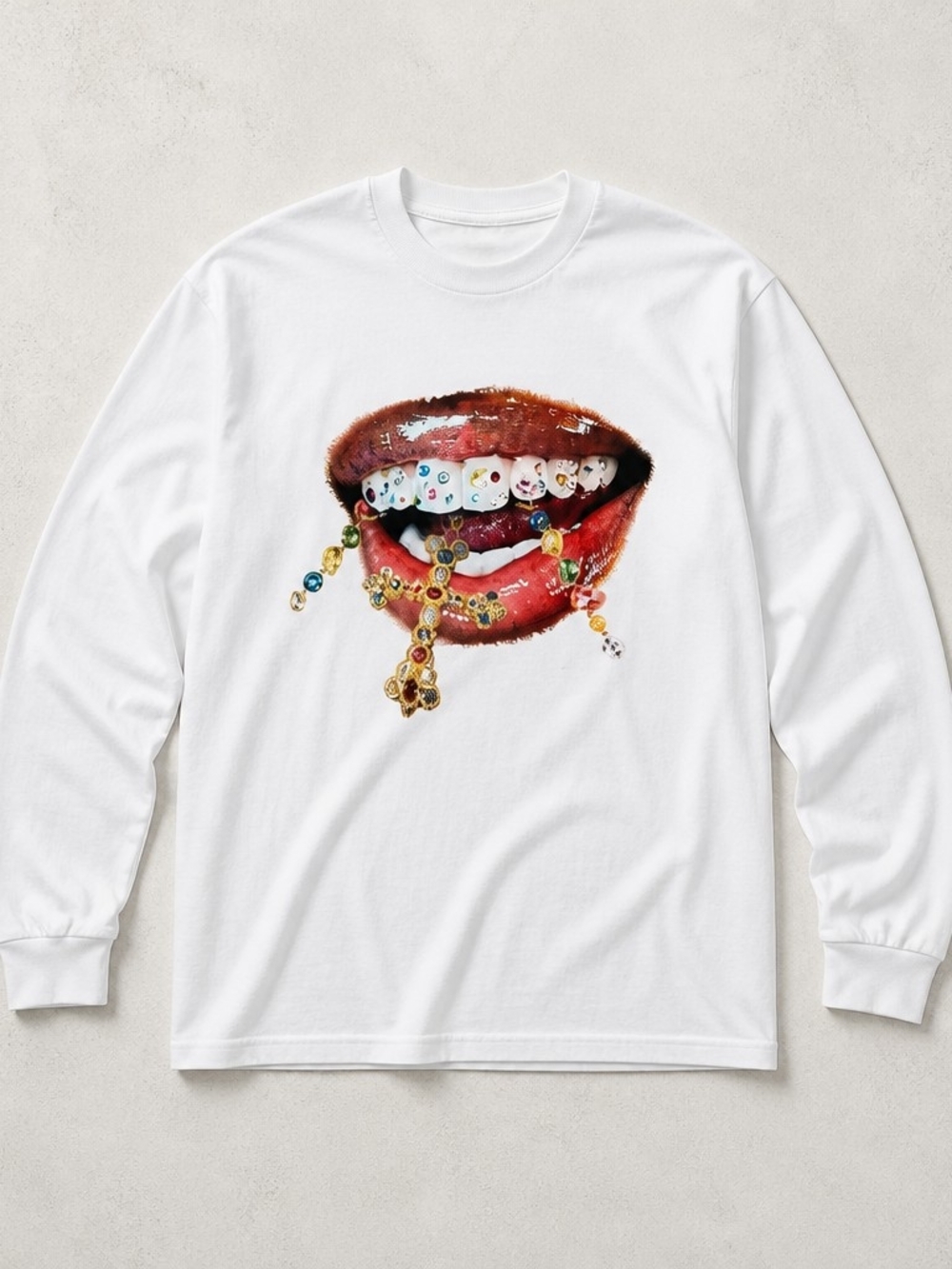 White Long-Sleeve Graphic Tee with Graphic Lip Print